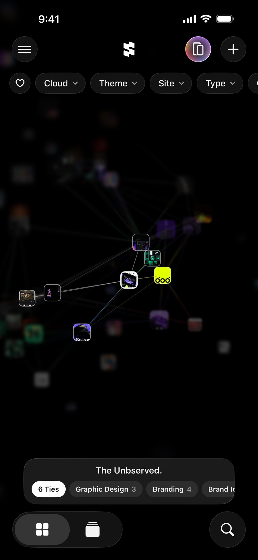 Stashtela’s Cloud with saved links in three-dimensional space.